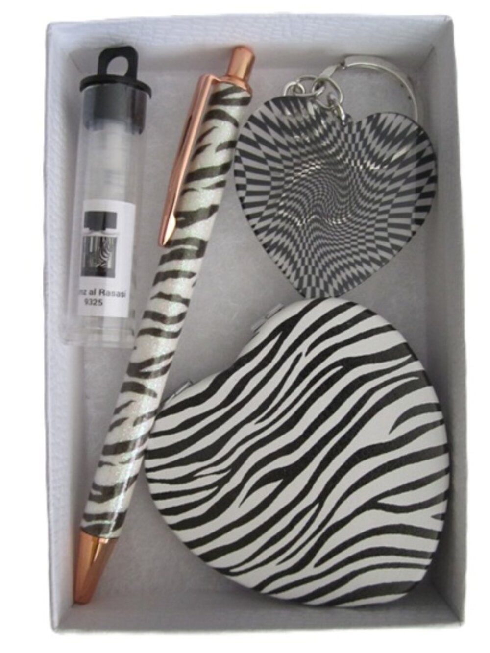 Purse Set Zebra Compact Mirror, Keychain, Ink Pen & Rumz al Rasas 9325 NEW